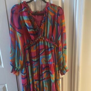 Pink and Green Maxi Sundress with Bishop Sleeves